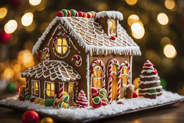 Gingerbread house decorations, focusing on the intricate icing details, colorful candy, and soft,