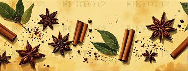 Abstract wallpaper illustration of Christmas spices like cinnamon sticks, star anise, and cloves,