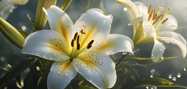 Blooming Easter lilies with soft white petals and a yellow center, bathed in gentle sunlight, AI