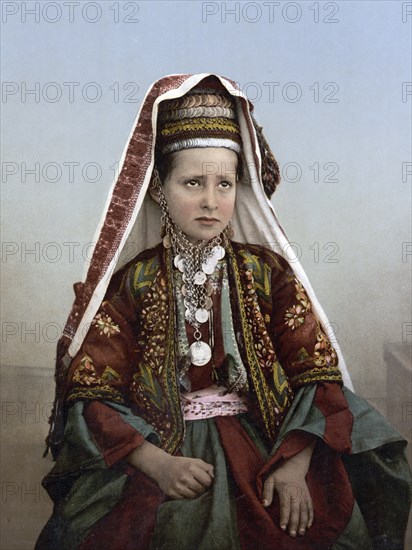 Young woman from Bethlehem in typical traditional costume, Holy Land, Historical, digitally