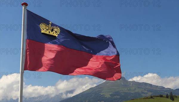 The flag of Liechtenstein flutters in the wind