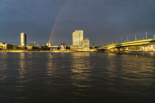 Kennedyufer in Cologne Deutz, on the Rhine, Old St Heribert Church, Lanxess Tower, administration