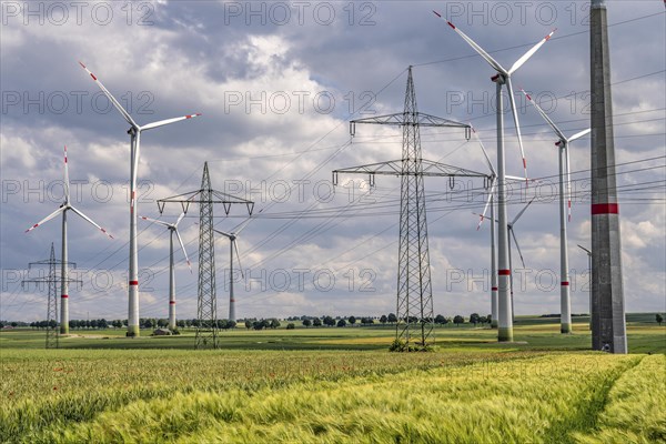 Wind farm north-east of Marsberg, Hochsauerlandkreis, high-voltage line, electricity pylons, North