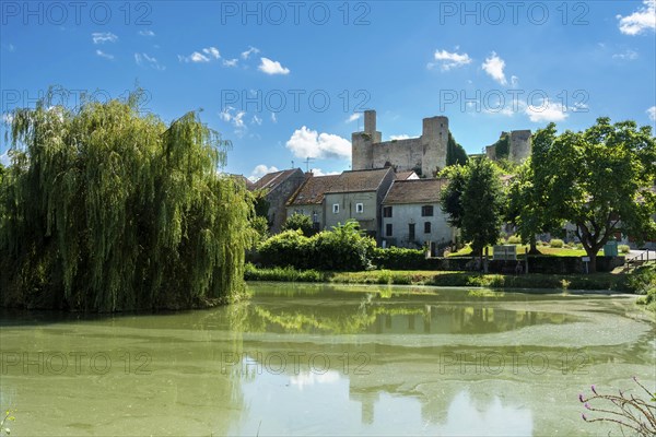 Billy. The fortified castle dating back to the 13th century, overlooks a pond, Allier,