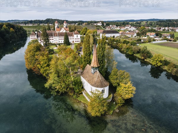 Aerial view of the former Benedictine abbey with the monastery church of St Mary and the pointed