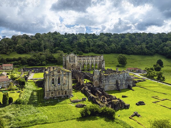 Rievaulx Abbey from a drone, North York Moors National Park, North Yorkshire, England, United