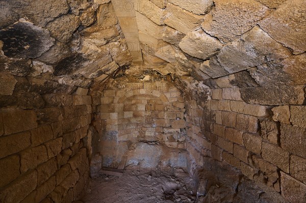 Interior view with stone ceiling and masonry, ancient architecture, tomb of Cleovoulos the Lindian,