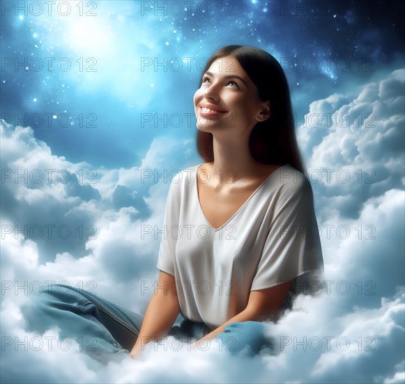 A happy young woman in love sits smiling on cloud 7, seven, and dreams, AI generated, AI generated
