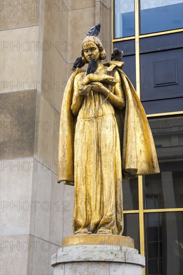 Golden statue Les Oiseaux (a woman feeding pigeons) by Louis Brasseur, street pigeons (Columba