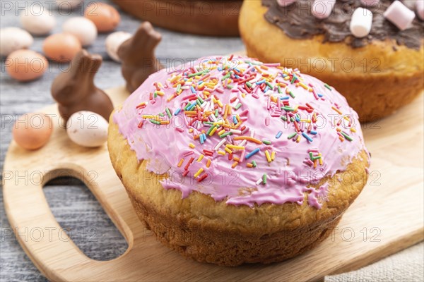 Homemade glazed and decorated easter pies with chocolate eggs and rabbits on a gray wooden