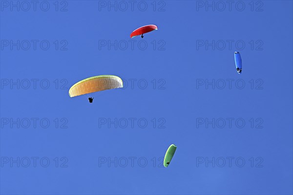 Four colourful paragliders fly in the blue sky