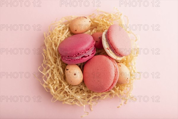 Purple and pink macaroons and chocolate eggs in decorative paper nest on pink pastel background.