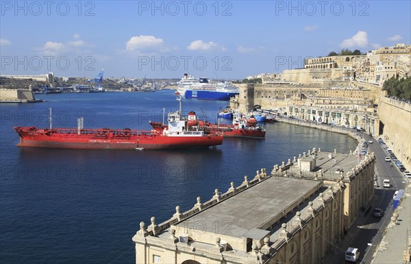 Merchant shipping and cruise ships in Grand Harbour, Valletta, Malta, Europe
