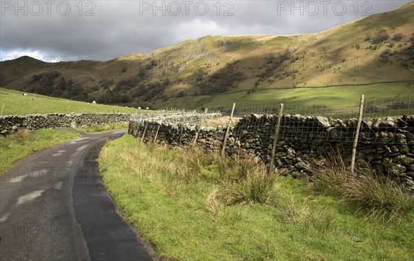Narrow country road in Martindale valley, Ullswater, Lake District national park, Cumbria, England,