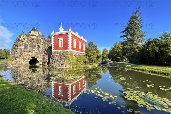 Stein Island with artificial volcano, cultural foundation, Villa Hamilton, Dessau-Wörlitz Garden