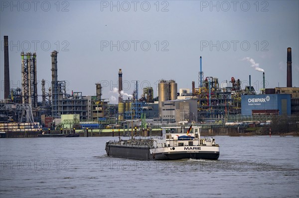 Backdrop of Chempark Leverkusen, Bayer Leverkusen, chemical park, chemical plant, river Rhine,