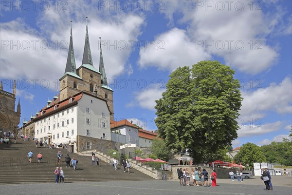 Gothic UNESCO Severi Church with open staircase and tourists, St. Severi, landmark, staircase,