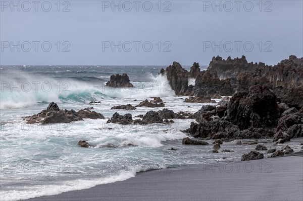 Lava rocks in the sea, surf, near Los Hervideros, Lanzarote, Canary Islands, Spain, Europe