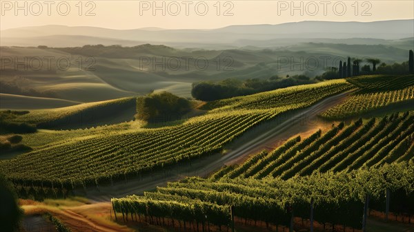 Aerial view of winding vineyard rows snake through rolling hills under atmospheric summer sun, AI
