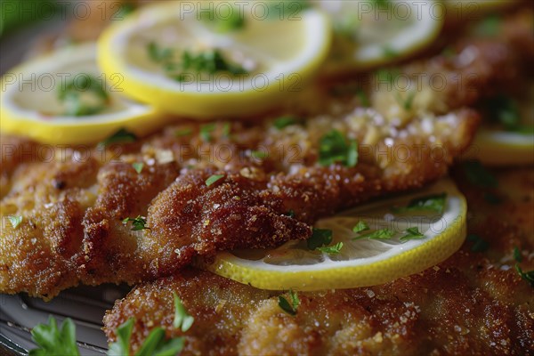 Close up of German Schnitzel, a breaded fried slice of meat with lemon slices. Generative Ai, AI