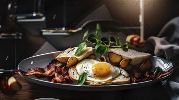 Delicious fresh eggs breakfast variety layout with all the fixings, generative AI, AI generated