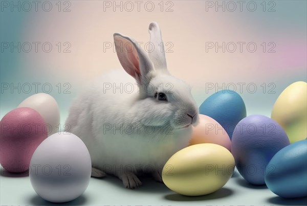 Cute bunny sitting next to several colorful easter eggs, generative AI, AI generated