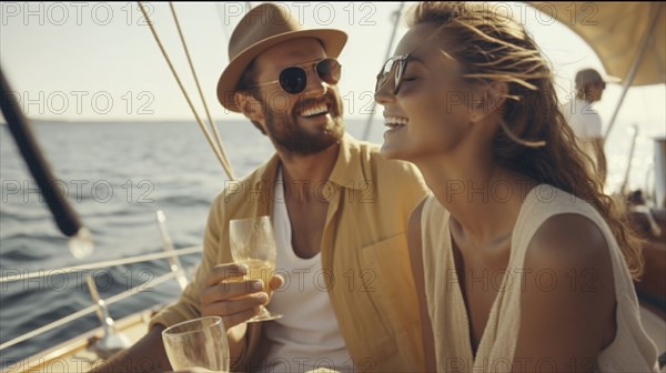 Young adult caucasian couple enjoying drinks on the deck of their yacht in the ocean, generatvie