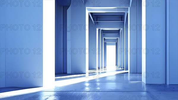 Windows aligned within an elongated tunnel permeated with gradients of light blue hues, AI