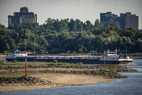 Rhine between Düsseldorf and Neuss, extremely low water, Rhine level at 47 cm, falling, barge in