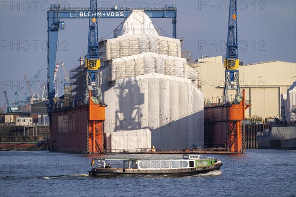 Blohm + Voss shipyard, Dock 16, scaffolded ship in dry dock, harbour tour on the Elbe, Hamburg,