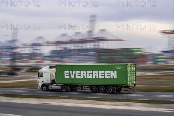 Container lorry, bringing containers to Euromax Container Terminal, the seaport of Rotterdam,