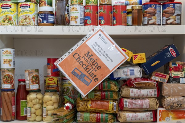 Emergency preparedness, food stock in a private household, shelf, pantry, with long-life food,