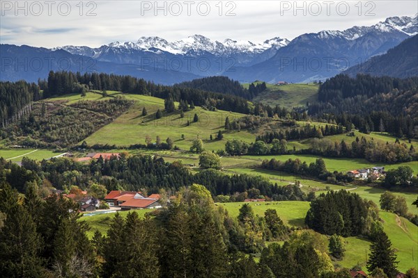 View from the Hauchenberg ridge to mountains of the Allgäu Alps, Missen, Oberallgäu, Bavaria,