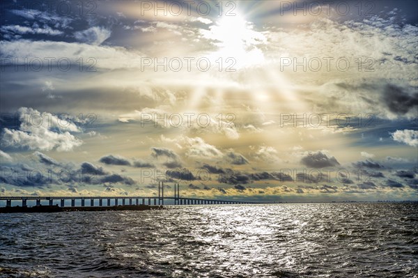 Öresund Bridge, Malmö, Öresund coast, Sweden, sunset, backlight, Europe