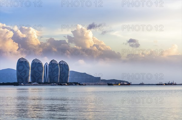 Scenic day view of buldings on Phoenix island from a sea in Sanya, Hainan, China, Asia