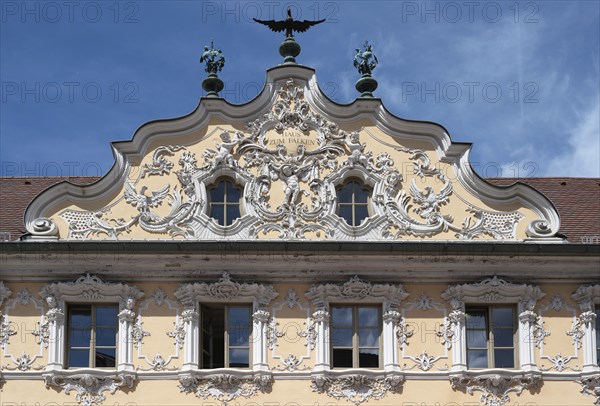 Haus zum Falken, façade and gable in rococo style, detail, Oberer Markt, Würzburg, Lower Franconia,