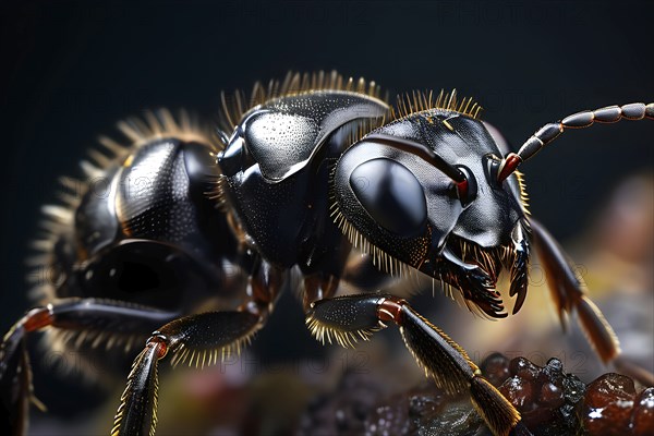 Macro of a common black garden ant (Lasius niger) with detailed focus on the compound eyes,