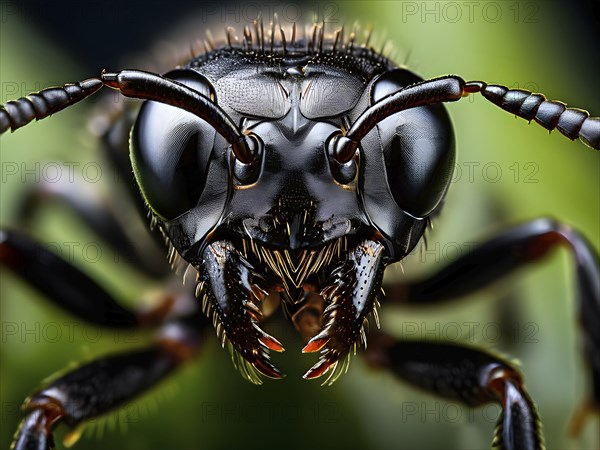 Macro of a common black garden ant (Lasius niger) with detailed focus on the compound eyes,