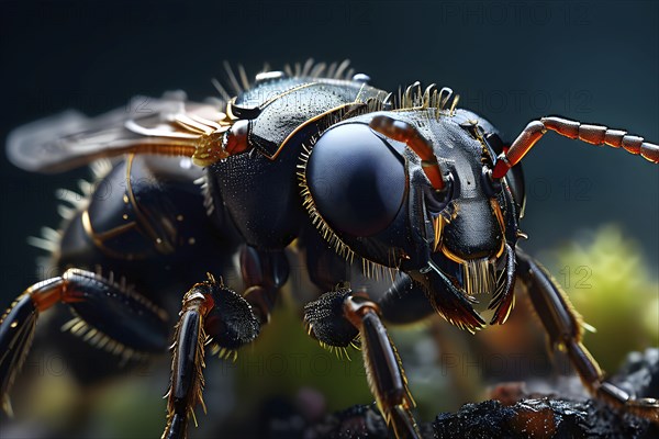 Macro of a common black garden ant (Lasius niger) with detailed focus on the compound eyes,