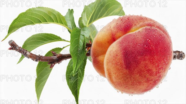 Close-up of a single peach with leaves and water droplets on a branch, AI generated