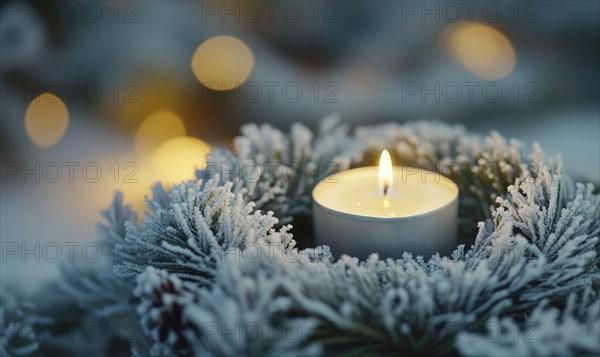 A candle is lit in a wreath of pine needles. The candle is surrounded by snow and pine needles,