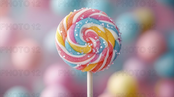 Single lollipop with swirls and sprinkles against a blurred background, AI generated