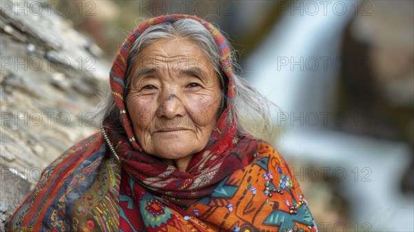 Elderly woman in traditional colorful shawl sitting by a waterfall, with a thoughtful expression,