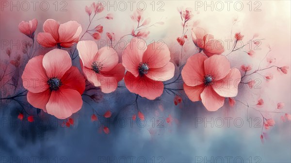 Pink flowers and buds with a blue watercolor background, AI generated