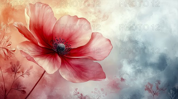 Red poppy flower with watercolor effect on a blue and orange background, AI generated