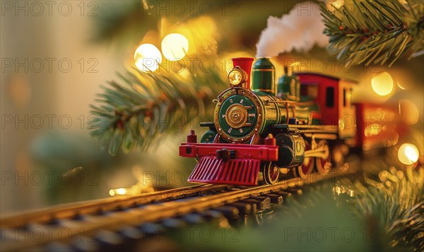A train is on a track with a Christmas tree in the background. The train is decorated with lights