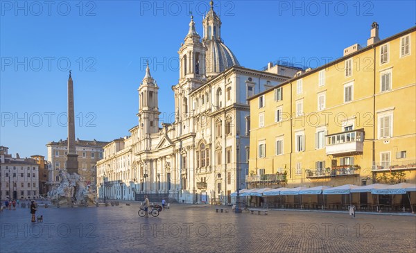 ROME, ITALY, CIRCA AUGUST 2020: Sunrise light on Piazza Navona (Navona Square) buildings