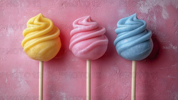 Three pastel-colored swirled lollipops on a pink textured background, AI generated