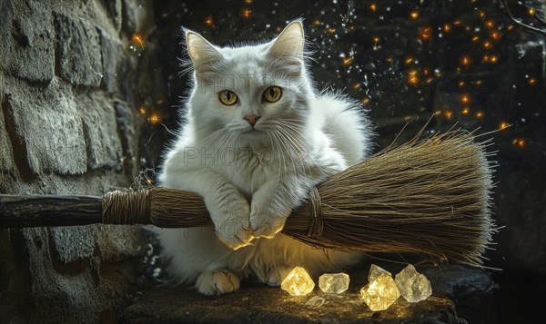 White cat with bright eyes sitting calmly on a broomstick AI generated