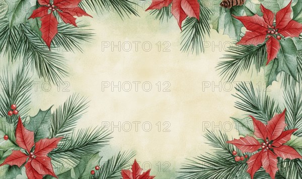 A beautiful Christmas card featuring a red and green border and a red poinsettia in the center. The